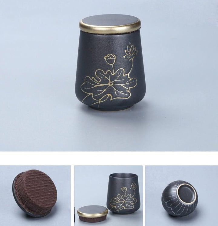 Portable Travel Hand Painted Lotus Stoneware Tea Set - 5pcs with Tea Tray - www.zawearystocks.com