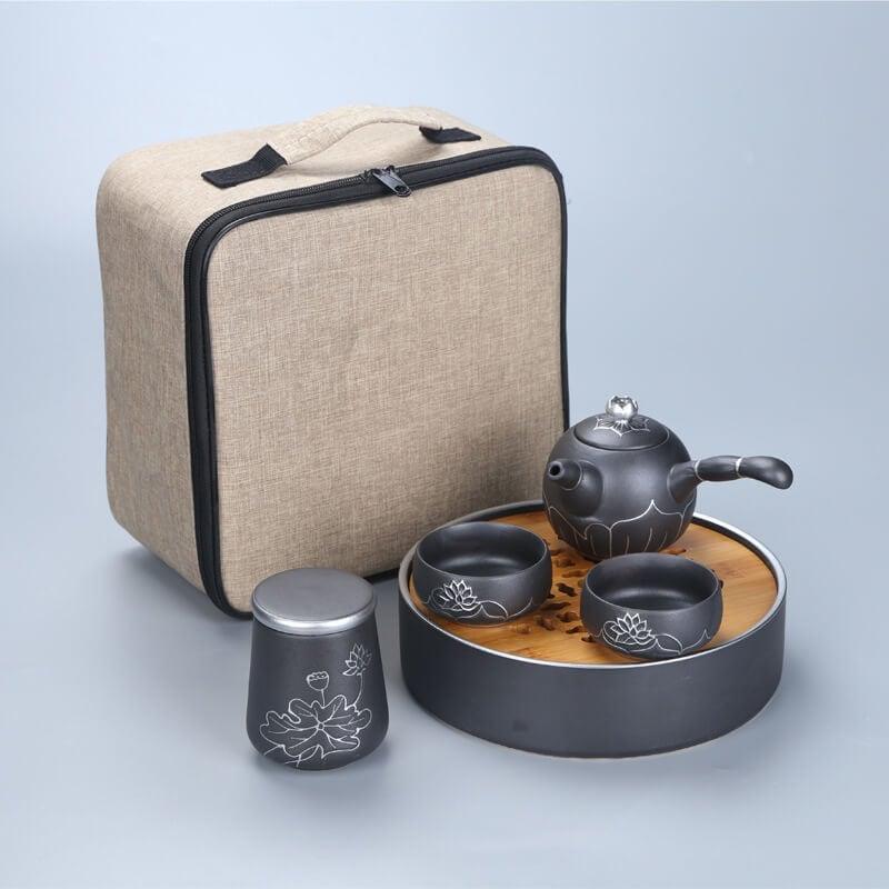 Portable Travel Hand Painted Lotus Stoneware Tea Set - 5pcs with Tea Tray - www.zawearystocks.com