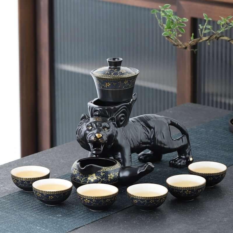 Semi Automatic Tiger Ceramic Kung Fu Tea Set - 9 pcs - www.zawearystocks.com