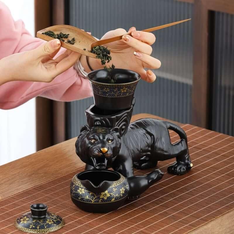 Semi Automatic Tiger Ceramic Kung Fu Tea Set - 9 pcs - www.zawearystocks.com