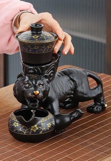 Semi Automatic Tiger Ceramic Kung Fu Tea Set - 9 pcs - www.zawearystocks.com