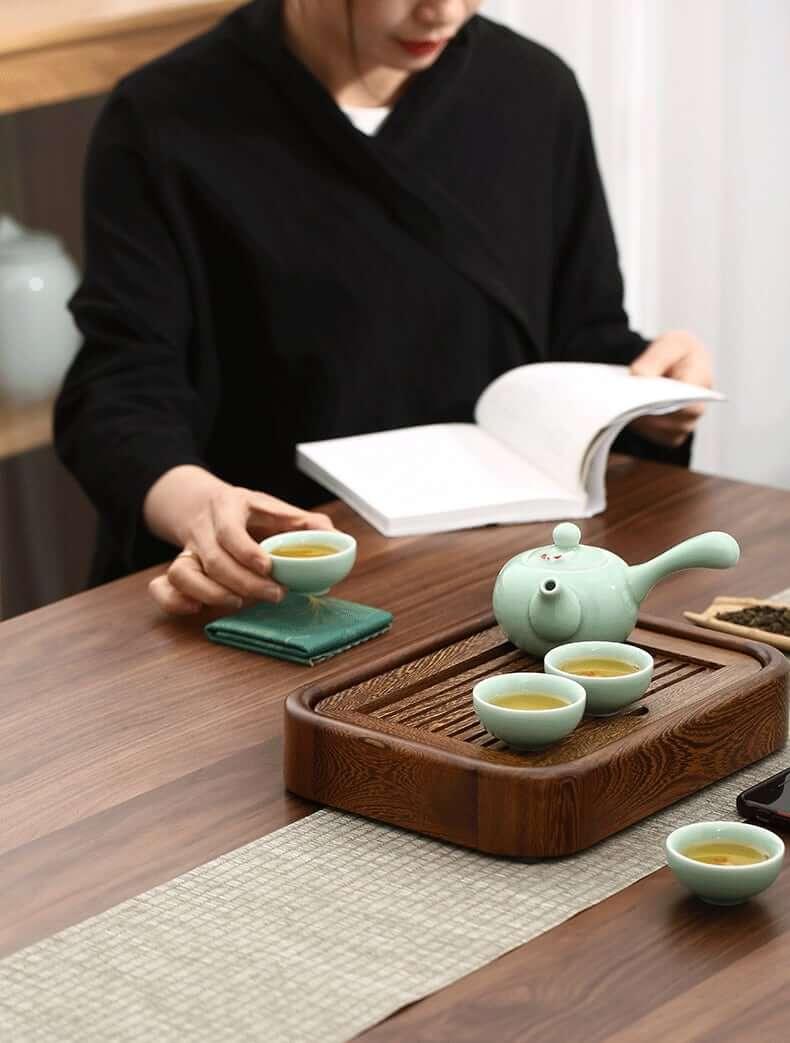 Simple Small Wenge Wood Tea Tray + One Pot Four Cups Dry Brew Set - www.zawearystocks.com