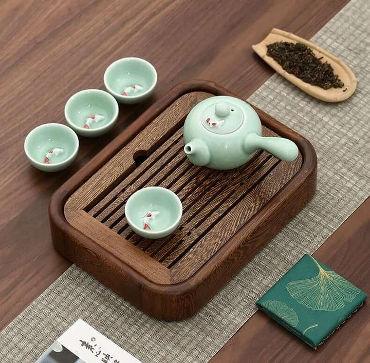 Simple Small Wenge Wood Tea Tray + One Pot Four Cups Dry Brew Set - www.zawearystocks.com