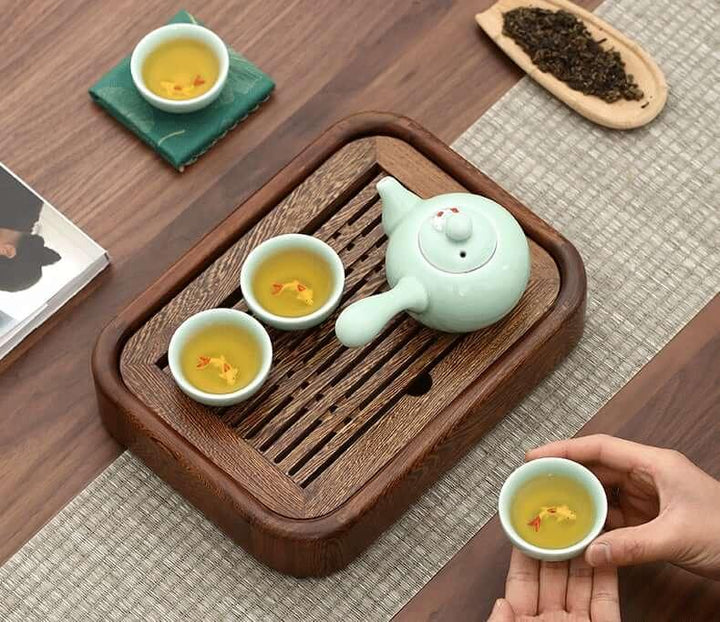 Simple Small Wenge Wood Tea Tray + One Pot Four Cups Dry Brew Set - www.zawearystocks.com