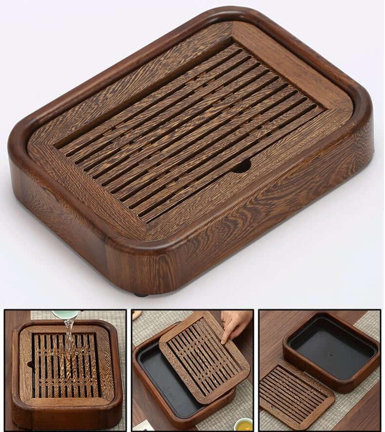 Simple Small Wenge Wood Tea Tray + One Pot Four Cups Dry Brew Set - www.zawearystocks.com